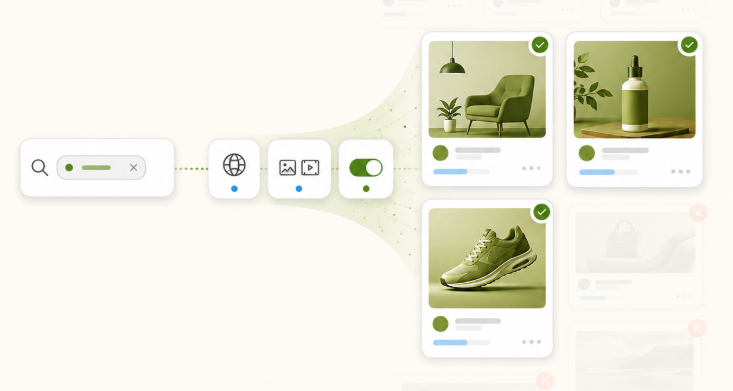 Workflow illustration showing a search input flowing into structured ad results
