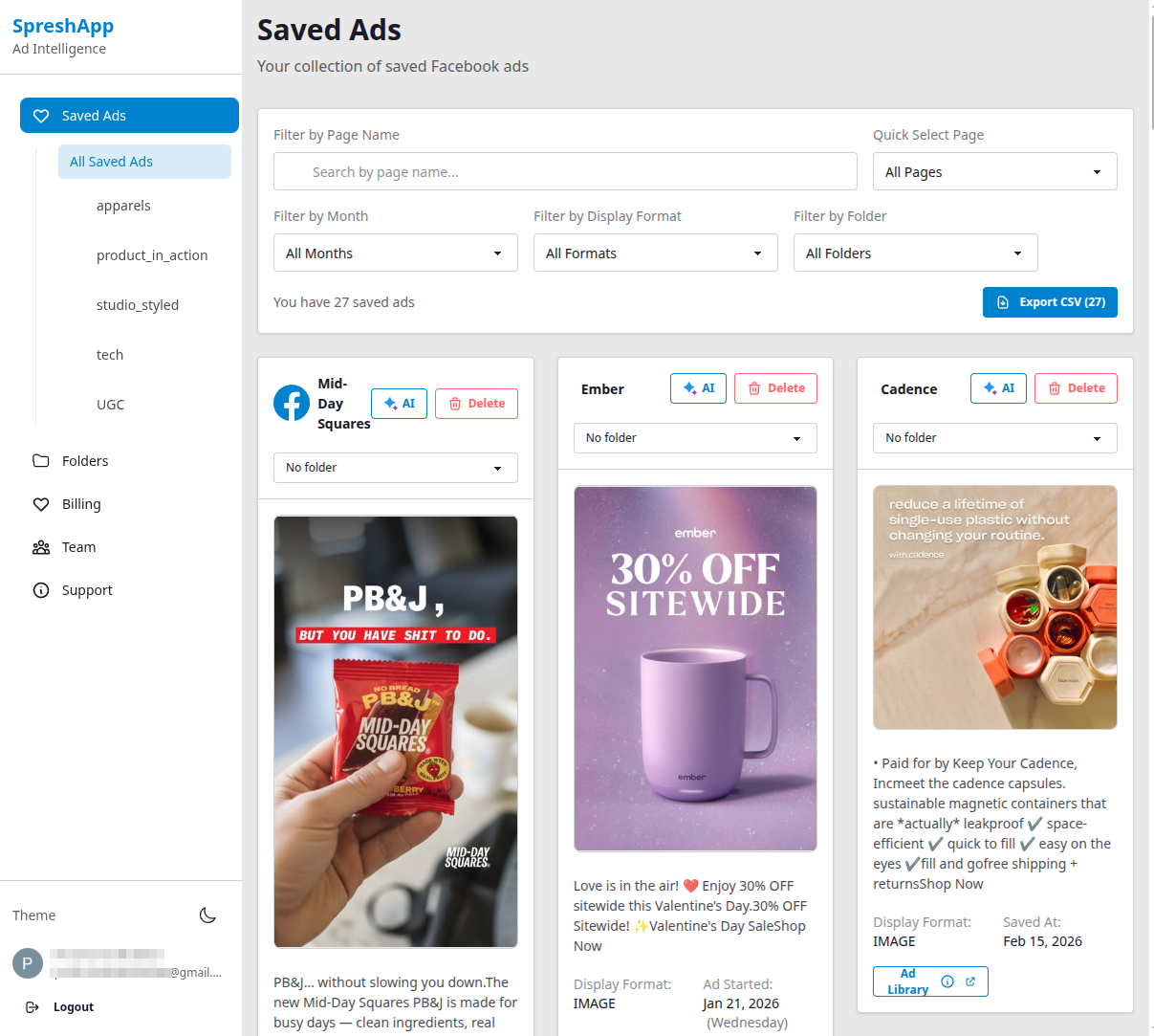 Spreshapp dashboard - organized ads