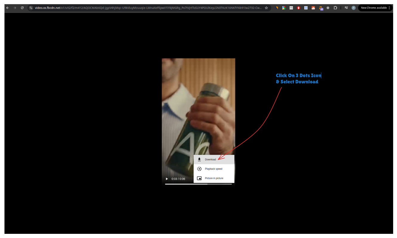 Video open in a new tab with the three-dots menu showing the Download option