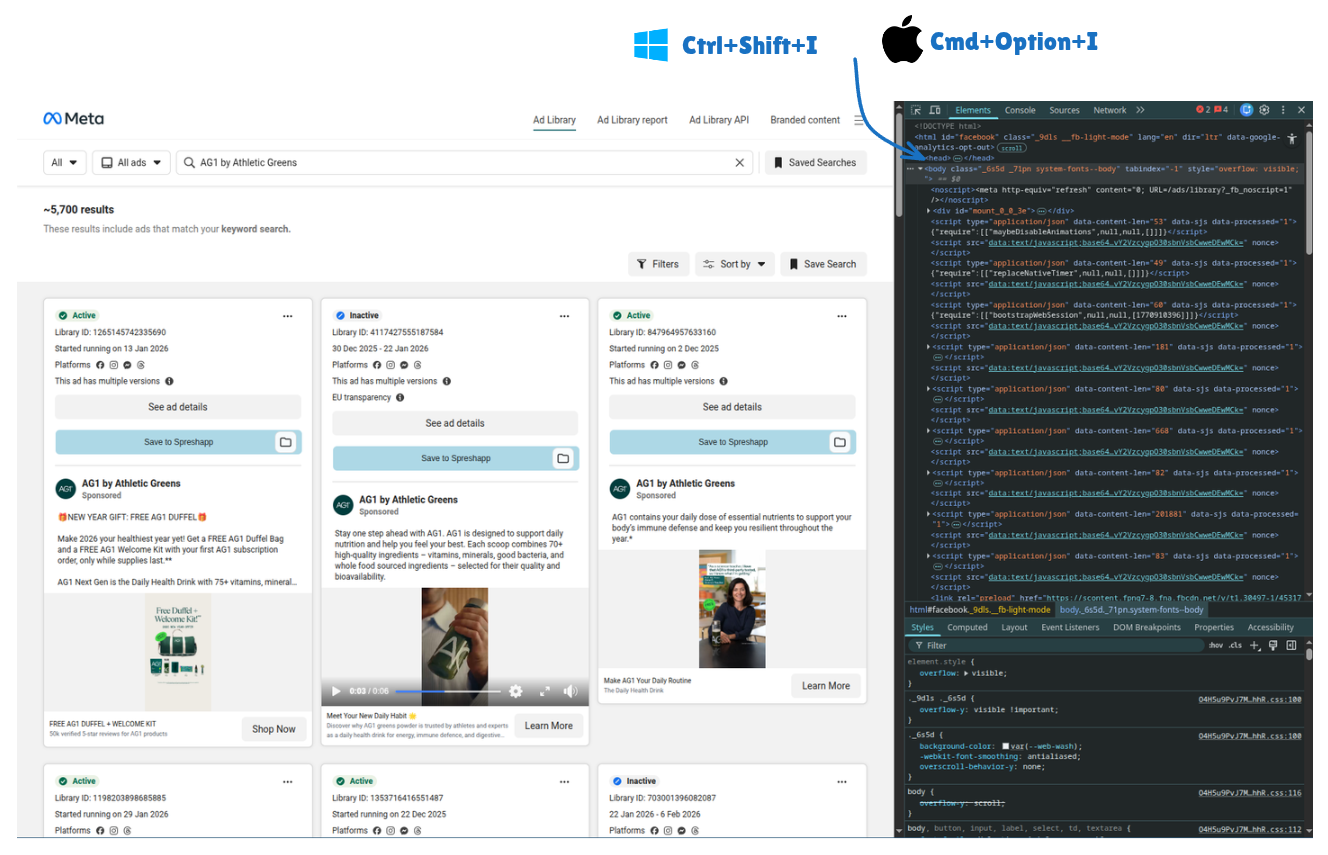 Meta Ad Library with browser developer tools open showing the Elements panel