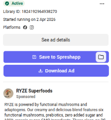 SpreshApp dashboard showing saved and organized Facebook ads
