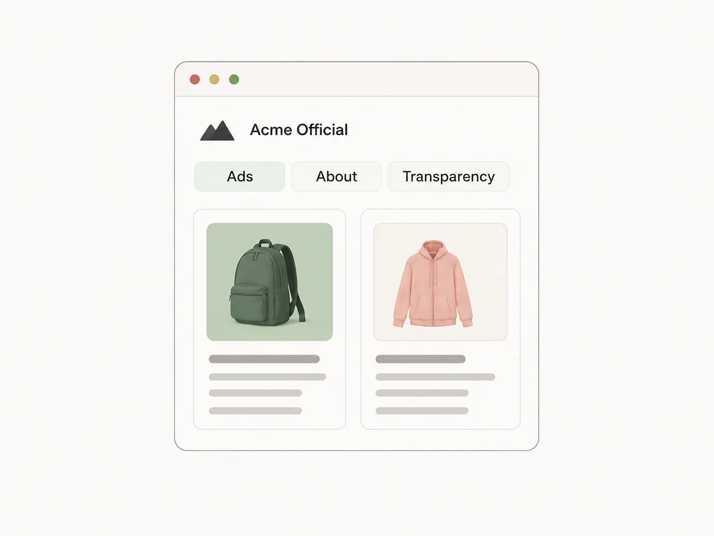 A brand ad library showing backpack and hoodie creatives