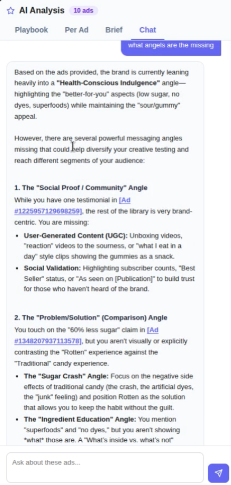 AI chat analysis of saved ads